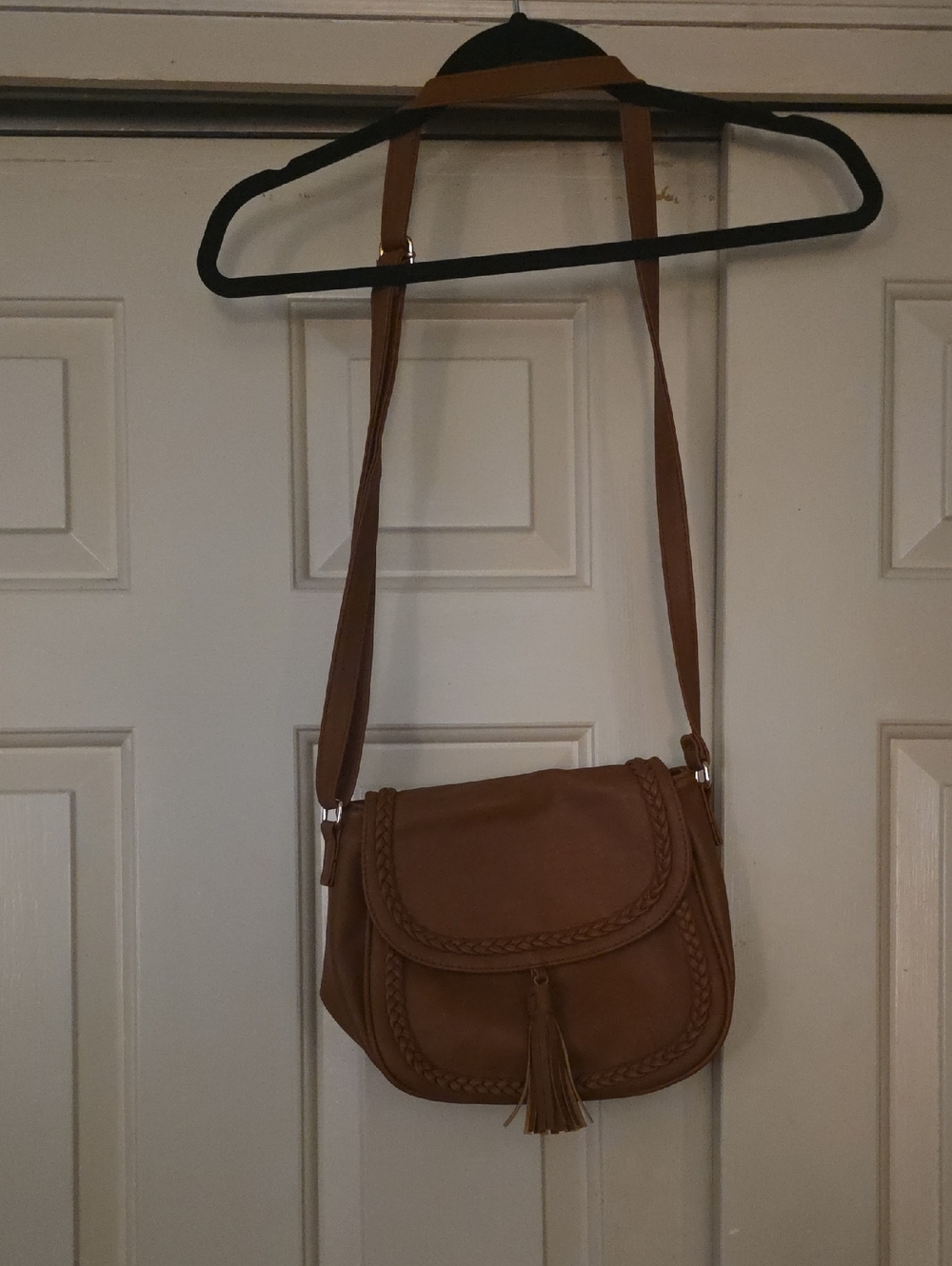 Tan Braided Flap Crossbody Bag with Tassel